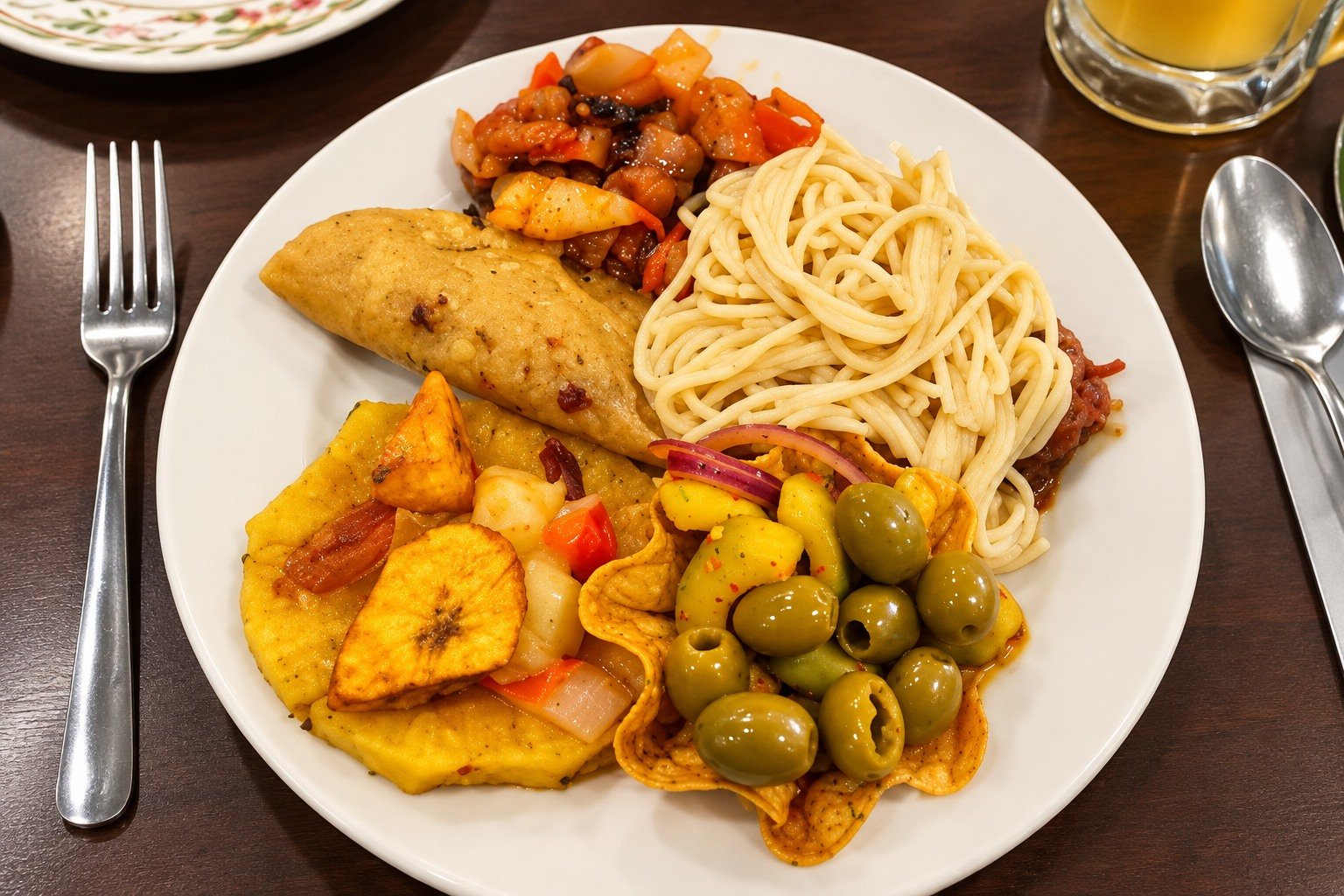 Plato con pasta y acompañamientos en Las Acamayas